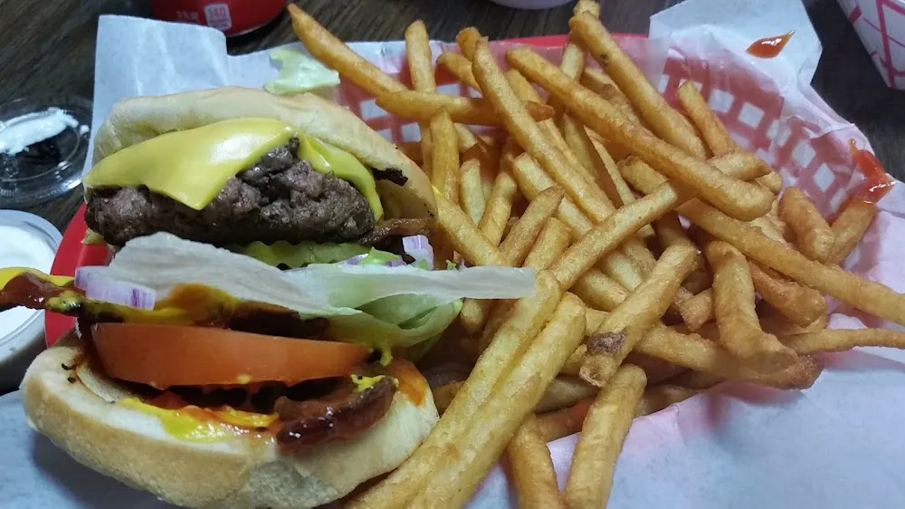 Bacon Cheeseburger and Beer Battered Fries